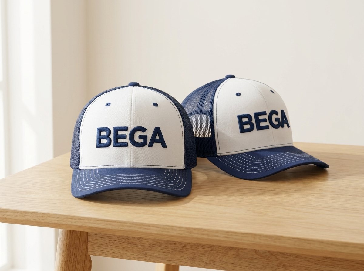 Gorras trucker blancas y azul marino con el logo de Bega bordado