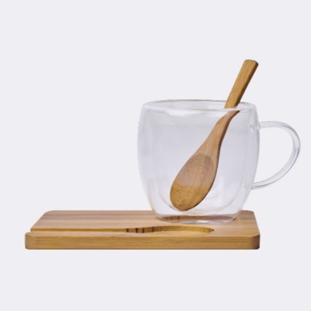 Set taza de vidrio con base de bambú