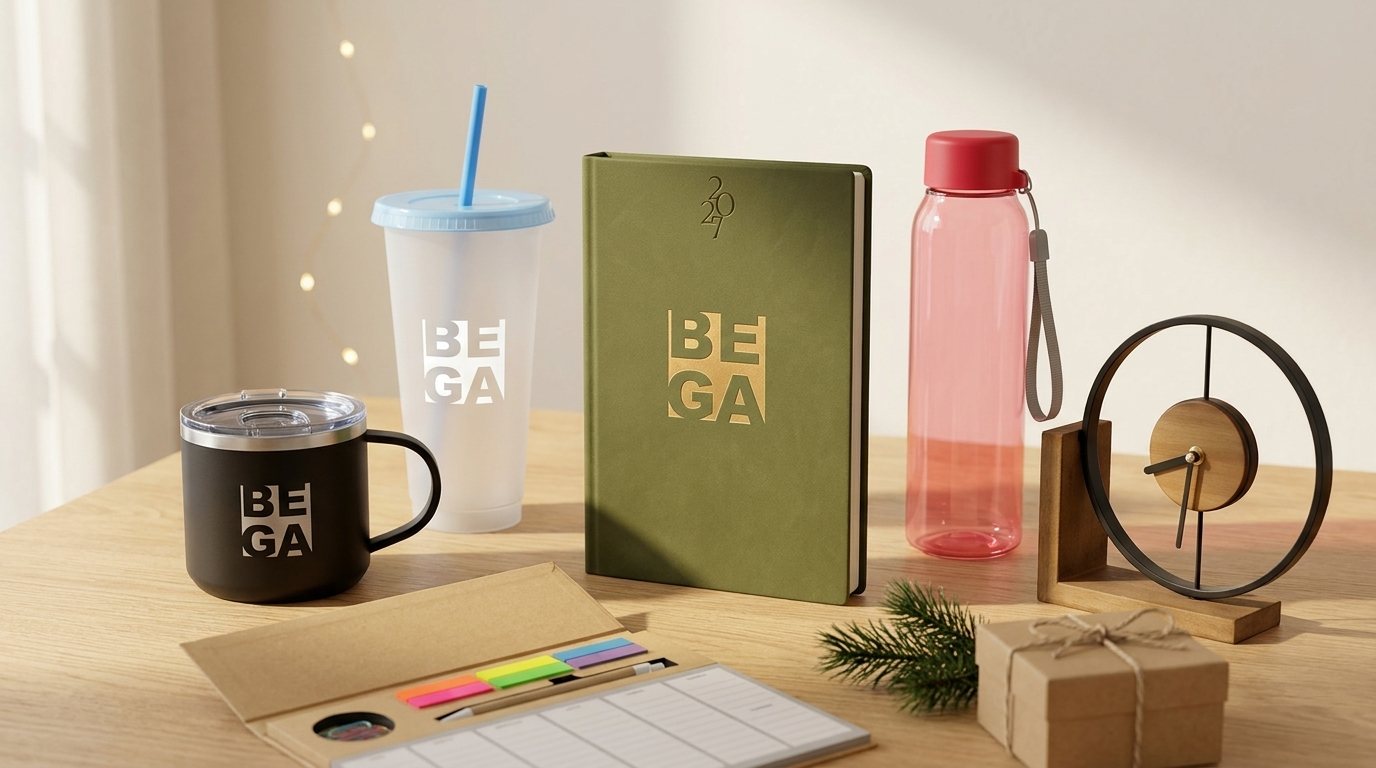 Set de regalos corporativos con logo de Bega: taza térmica, vaso, agenda 2027, botella, organizador de escritorio y reloj